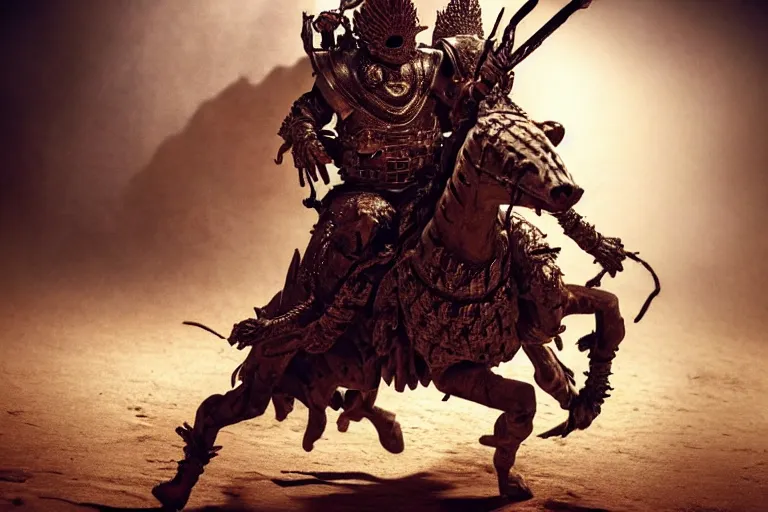 Image similar to the king in the desert dead on the ground, blood on sand, fighting in a dark scene, detailed scene, killed in war, Armour and fallen Crown, highly detailed, blood and dust in the air, action scene, cinematic lighting, dramatic lighting, trending on artstation, elegant, intricate, character design, motion and action and tragedy, fantasy, D&D, highly detailed, digital painting, concept art