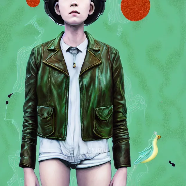 Image similar to portrait of alone androgynous girl wearing bakelite leather jacket, bakelite rocky mountains, moss green japanese haunted forest background, ultrafine hyperdetailed illustration by hsiao - ron cheng and artgerm, modular synthesizer 8 0 s sony stereo helmet backpack, the grand budapest hotel, glow, no crop, digital art, artstation, pop art