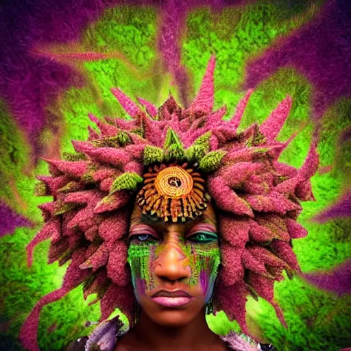 Image similar to an african marijuanna! shaman with an afro made of flowers, third eye art art by machina infinitum, complexity from simplicity, rendered in octane, mandelbulb 3 d, ambient occlusion, radiant lighting, macro photography, felt!!! texture, tribal, pastel! retrowave