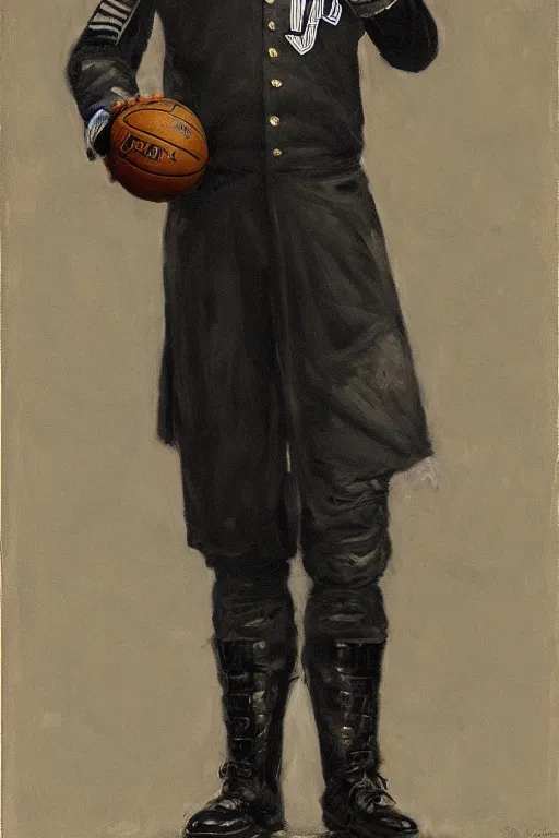 Image similar to full body portrait of the dictator of the brooklyn nets, 1 8 8 9, in full military garb, black, silver, oil on canvas by william sidney mount, trending on artstation