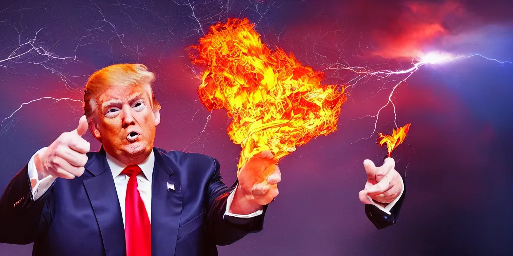 Prompt: donald trump shooting fire from his hands, colorful hd picure, lightning in the background