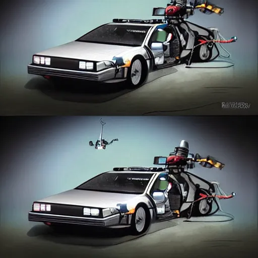 Image similar to robotic back to the future DeLorean with little robots attached to it flying around it big wheels matte painting artgerm