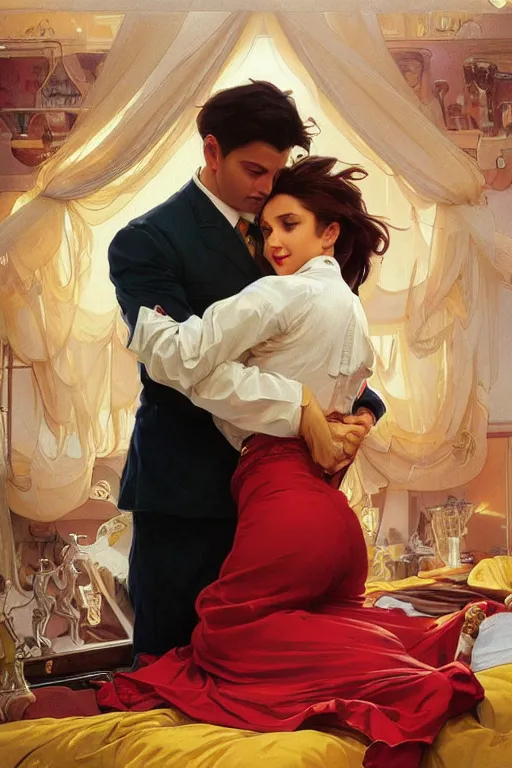 Image similar to portrait of a man in dhl uniform hugging his wife in a bed, feelings, romantic, fantasy, intricate, elegant, highly detailed, digital painting, artstation, concept art, smooth, sharp focus, illustration, art by artgerm and greg rutkowski and alphonse mucha