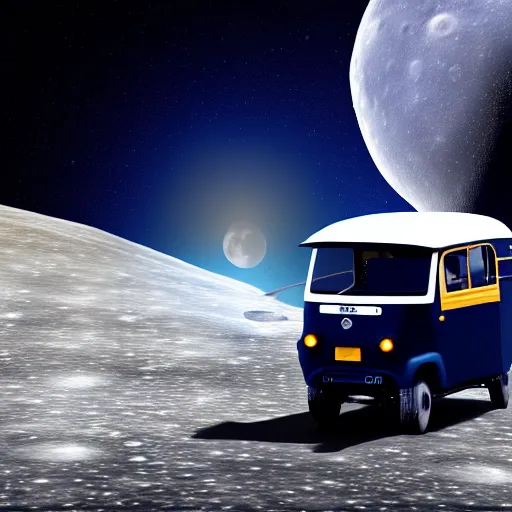 Prompt: a dark blue tuk tuk traveling on the surface of the moon, moon craters, black sky, hard science fiction, milky way, moon, matte painting, concept art, 4k