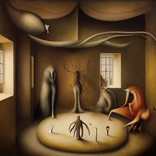 Prompt: group of creatures with distinct personalities, intertwined in an urban hotel room, several mirrors to other dimensions : : surreal architecture, chiaroscuro lighting, mysterious atmosphere : : a beautifully executed oil painting by leonora carrington, hieronymus bosch and james jean, ultra - detailed technical precision : : matte painting, high definition 3 d render, unreal engine