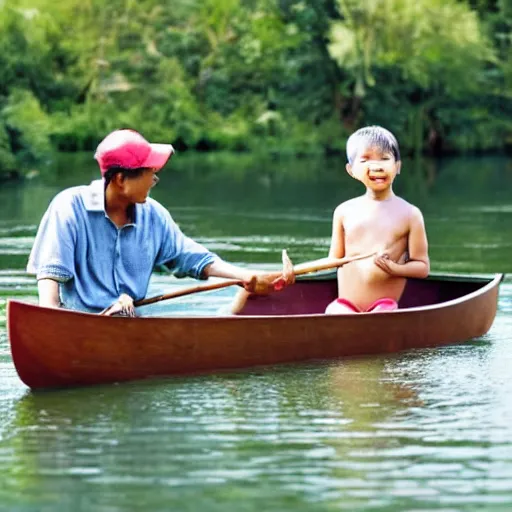 Prompt: Asian boy fishing with his father in canoe