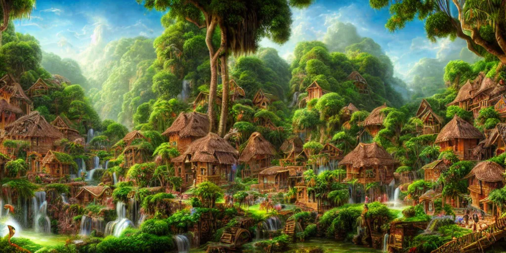 Prompt: village in a tropical eastern waterfall valley, with great birds, lush wildlife, rich geometry, ancient ruins, fantasy, precise and incredibly highly detailed intricate 8 k wallpaper, john stephens, lisa frank, tim white, rococo, hr giger, krenz cushart, long shot dramatic lighting, crisp intricate stunning award winning masterpiece trending on artstation beautiful