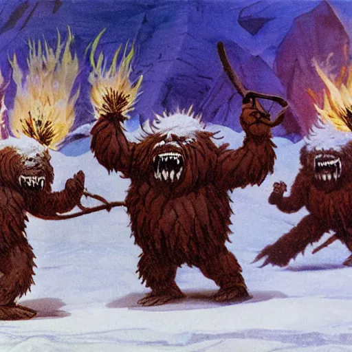 Prompt: yetis hurling flaming pinecones on an underground glacier, dark, blue ice, snow, frank frazetta