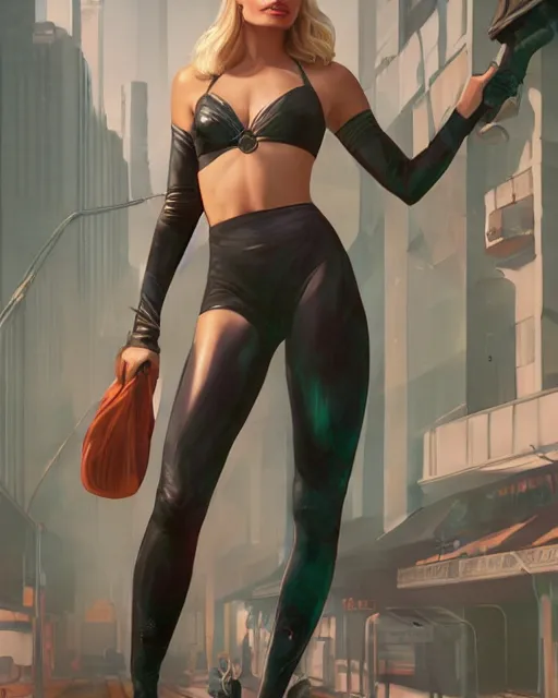 Image similar to full body shot of margot robbie by wlop, rossdraws, Alberto Vargas, mingchen shen, arney freytag, artstation, fantasy photoshoot, urban jungle, fashion pose, octane, 4k