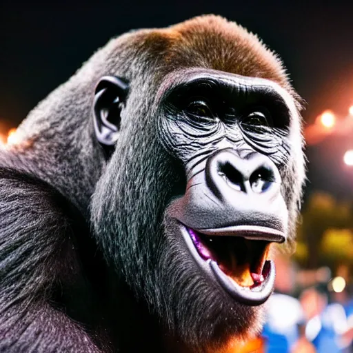 Prompt: a gorilla singing into a microphone as large crowd of people scream, at an outdoor night time stadium concert. highly detailed. wide angle