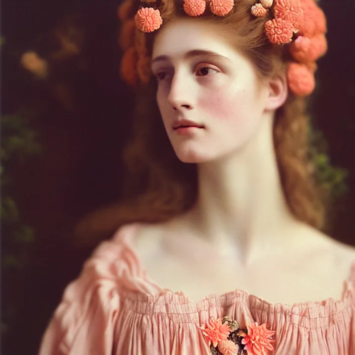 Image similar to Kodak Portra 400, 8K, soft light, volumetric lighting, highly detailed, britt marling style 3/4 ,portrait photo of a beautiful woman how pre-Raphaelites painter, n long elegant intricate ornamental ethereal coral and shells dress, natural skin tone, highly detailed realistic flowers ornament in the upper side of breast, bust with a long beautiful neck , long dark hair are intricate with highly detailed realistic coral and shells, elegant, Realistic, Refined, Highly Detailed, natural outdoor soft pastel lighting colors scheme, outdoor fine art photography, Hyper realistic, photo realistic