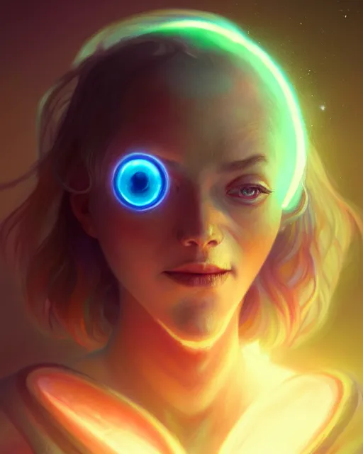 Image similar to one singular portrait of a cute bioluminescent creature with big glowing eyes, highly detailed, digital painting, cinematic, hyper realism, dark retrowave, art by Stanley Lau and Artgerm and magali villeneuve and Alphonse Mucha, artstation, octane render, cgsociety