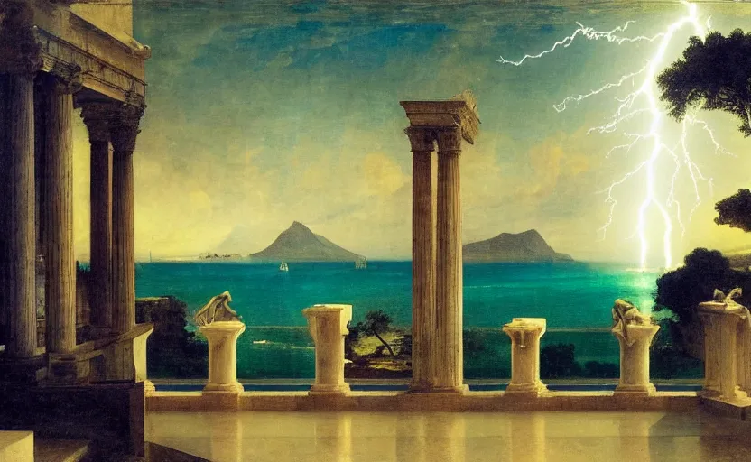 Image similar to mediterranean balustrade and columns, refracted lightnings on the ocean, thunderstorm, greek pool, beach and Tropical vegetation on the background major arcana sky and occult symbols, by paul delaroche, hyperrealistic 4k uhd, award-winning, very detailed paradise