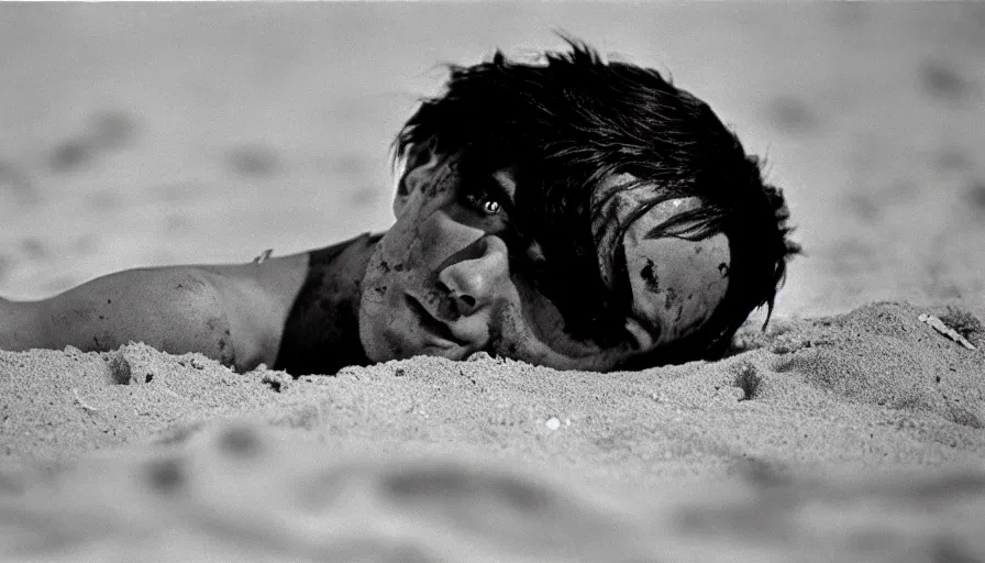 Image similar to 1 9 6 0 s movie still close up of marcus atilius regulus bloody eyes looking directly at the sun his body buried in the sand, cinestill 8 0 0 t 3 5 mm b & w, high quality, heavy grain, high detail, texture, dramatic light, anamorphic, hyperrealistic, detailed hair