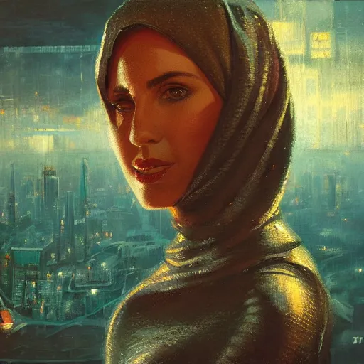 Image similar to detailed face of an arabic woman, tectonic cityscape, skydome, reactor, utopian, wet reflections, prism, atmospheric, ambient, pj crook, syd mead, livia prima, artgerm, greg rutkowski, nick alm, casey baugh