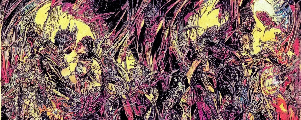 Prompt: romance between immortal souls across time, vibrant colors, warm vibes, style of Philippe Druillet