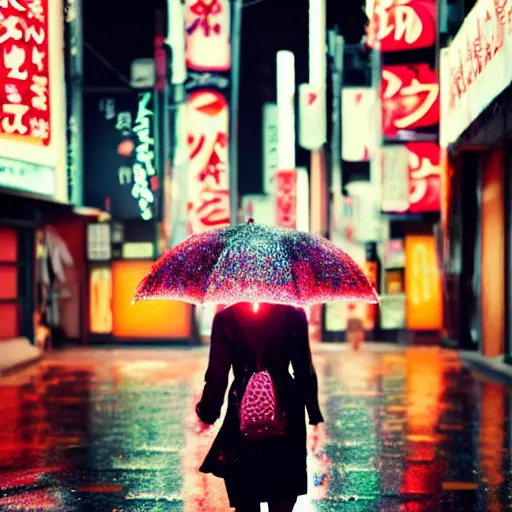 Image similar to a woman holding an umbrella, walking down the streets of tokyo, with neon signs, while it's raining. cinematic lighting, digital art. award winning