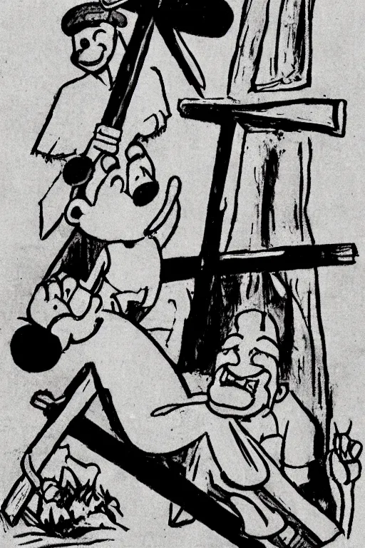 Image similar to steamboat willie crucified on a cross, drawn by Walt Disney