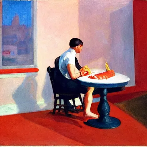 Image similar to an attractive man wearing a hair clip in red silky shorts eating salmon by Edward Hopper