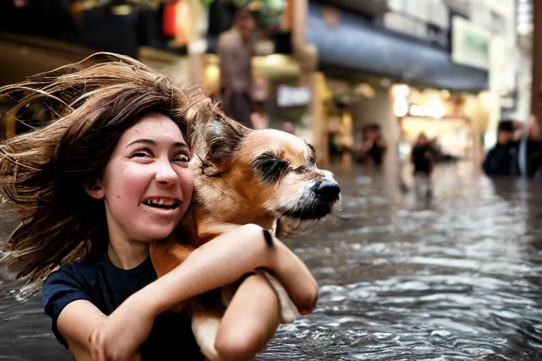 Image similar to closeup portrait of a girl carrying a dog over her head in a flood in Rundle Mall in Adelaide in South Australia, photograph, natural light, sharp, detailed face, magazine, press, photo, Steve McCurry, David Lazar, Canon, Nikon, focus