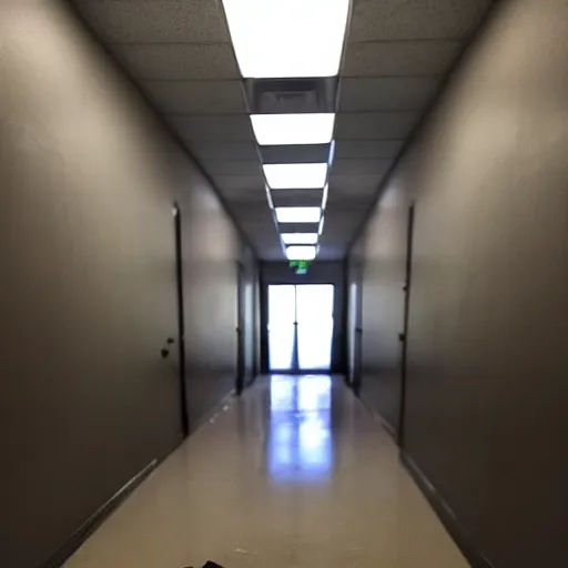 Prompt: a dark figure at the end of a creepy empty office hallway. craigslist photo