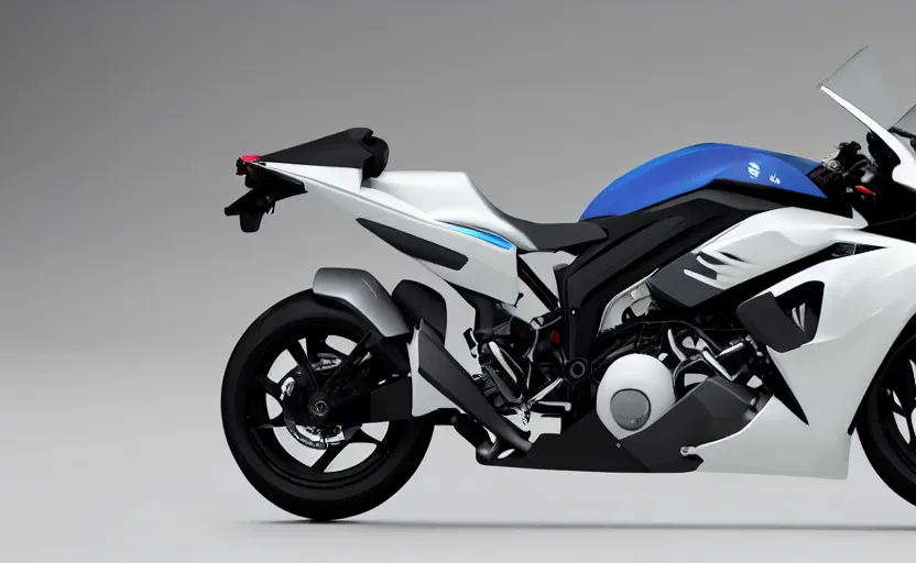 Prompt: suzuki anti - gravity prototype, motorbike, superbike, symmetrical mechanical features, designed by polestar, artificial fog, elegant design, northen lights background, brushed white and blue paint, black wheel rims, hard surfaces modelling, show room scene, dramatic lighting, hyper realistic rendering, made in solidworks, bokeh effect, 1 5 0 mm, sharp focus, 4 k