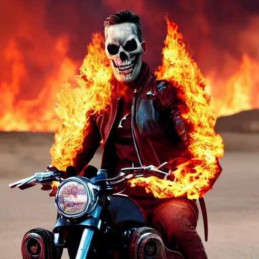 Image similar to An epic movie poster for Ghost Rider starring Ryan Gosling as Ghost Rider on a motorcycle with flames and half a skull face and chains on a desert road fire balls. Sharp. HD. 4K. 8K