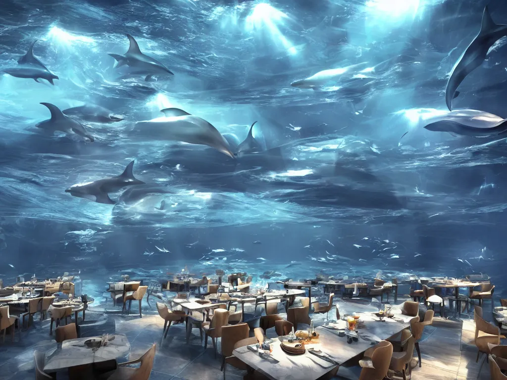 Image similar to Futuristic restaurant under water with dolphins and people inside. Rays of light shines through the water and dust clouds everywhere. Cinematic, ArtStation, realistic photograph, ambient, rays, lens flares. Unreal Engine, Blender, Maya, rendered by Octane, Arnold.