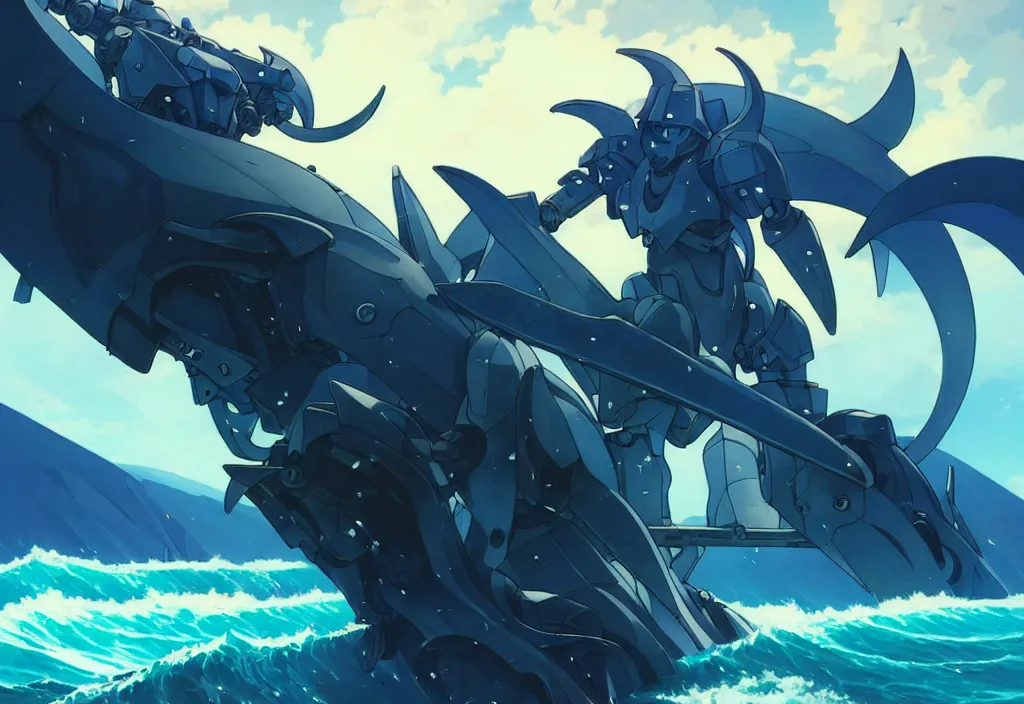 Image similar to close up of a extremely beautiful and aesthetic mech armor witch holding a symmetrical trident, highly detailed face, attractive symmetrical eyes, back shark fin, big wave horizon, dynamic model pose, slightly smiling, blue sky, big blade whale and black giants mech minotaurus, epic scene, fantasy illustrations, by makoto shinkai and peter mohrbacher and ferdinand knab