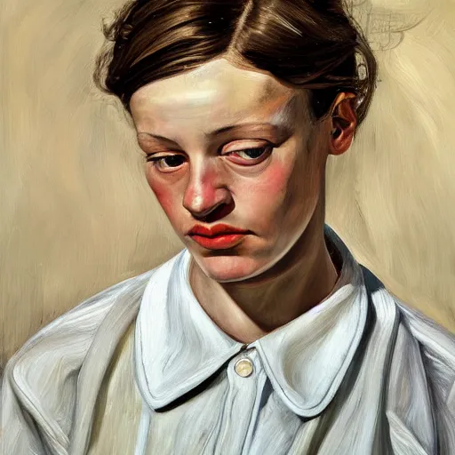 Image similar to high quality high detail painting by lucian freud, hd, magnificent girl portrait, photorealistic lighting