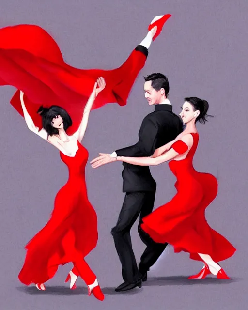 Image similar to Dancing Gesture draw by Stanley Artgerm Lau, Gesture draw, Salsa Dance, couple, lady using red dress, guy using a fancy suit, Salsa tricks, WLOP, Rossdraws, James Jean, Andrei Riabovitchev, Marc Simonetti, and Sakimichan, trending on artstation