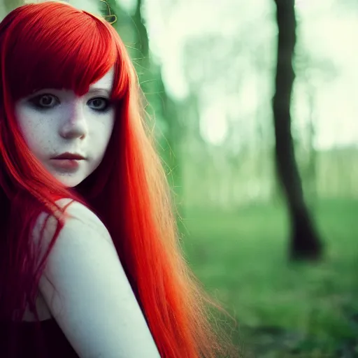 Prompt: portrait of a beautiful young witch. she has red hair. she looks sinister. symetric face. shallow focus. 5 0 mm lense. shot on film.