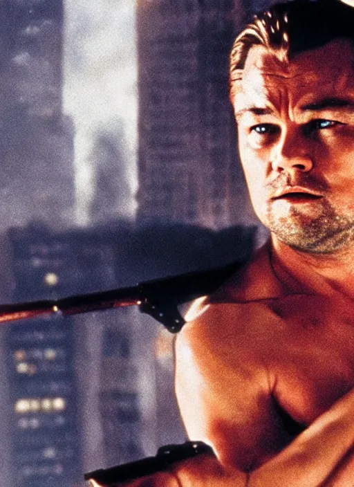 Prompt: film still of Leonardo DiCaprio as John McClane in Die Hard, 4k