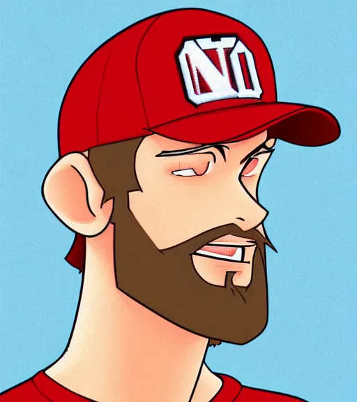 Image similar to tall skinny white guy with very short blonde beard wearing a nc state red baseball cap and red shirt full color digital illustration in the style of don bluth, artgerm, artstation trending, 4 k