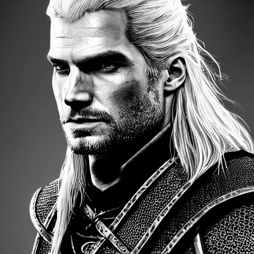 Image similar to an epic portrait of henry cavill as witcher, witcher, handsome, white hair, detailed face, epic fantasy art, trending on artstation, deviantart, high detail, high definiton, ultra realistic, hyper realistic, photo realistic, 4 k uhd,