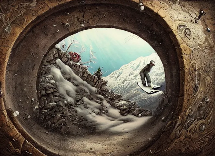 Image similar to a snowboard downhill that takes to a portal to another dimension, lowbrow, matte painting, 3 - d highly detailed, in the style of mark ryden,