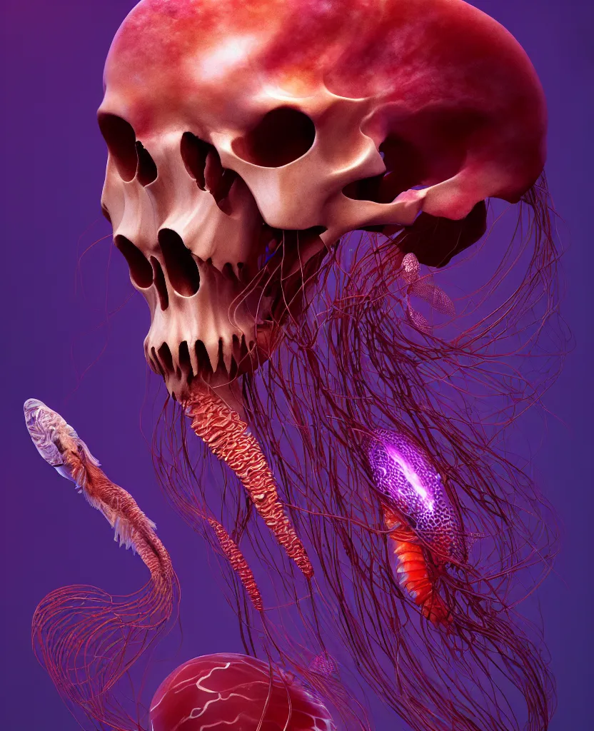 Image similar to goddess close-up portrait animal skull. jellyfish phoenix head, nautilus, orchid, skull, betta fish, bioluminiscent creatures, intricate artwork by Tooth Wu and wlop and beeple. octane render, trending on artstation, greg rutkowski very coherent symmetrical artwork. cinematic, hyper realism, high detail, octane render, 8k