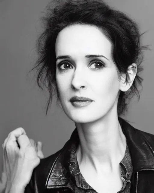 Image similar to headshot of young winona ryder, wearing a black leather jacket, tom waits t - shirt and blue jeans with a belt, photoshoot in the style of annie leibovitz, studio lighting, soft focus, bokeh