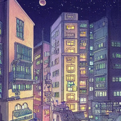 Image similar to a city at night, studio ghibli