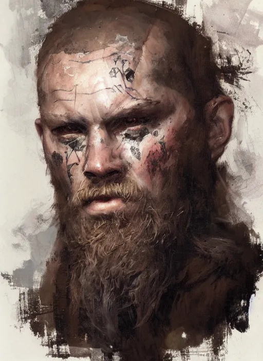 Image similar to portrait painting of viking berserker with a dinosaur tattoos, by jeremy mann, only one head single portrait