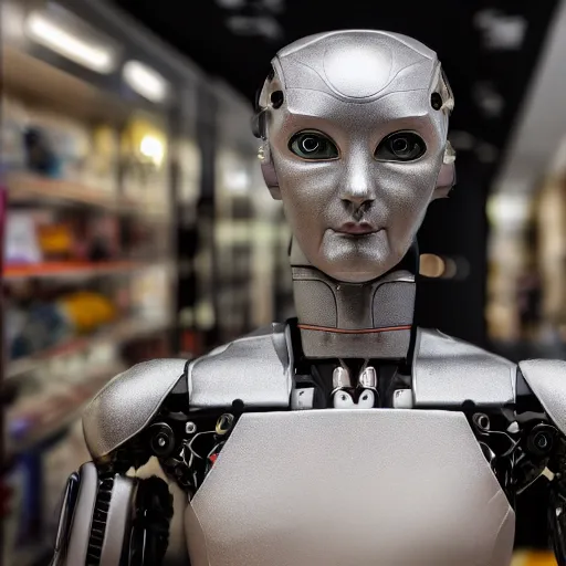 Image similar to photo of a humanoid robot in a store display hiding a dark secret, synthetic skin, highly detailed face, expressive face, cyberpunk, year 3022, medium close-up, depth of field, ISO 300, aperture f11, 1/100 obturation speed