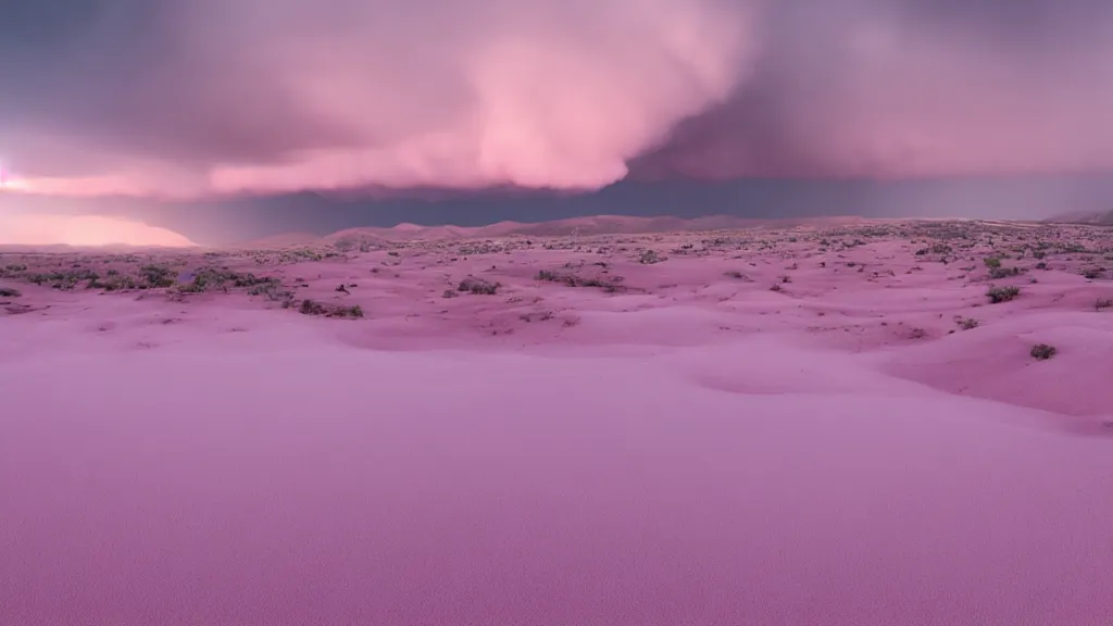 Image similar to soft glow pink desert with snow mountains and cloudy skies, purple fog, thunderstorms in the distance, long exposure, detailed, hyper realistic, photorealism, landscape, ultra wide angle view, peaceful, cinematic, volumetric lighting, god ray through clouds, disturbance