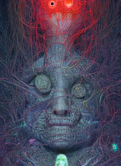 Image similar to A wall made out of eyes, flat, neon, RGB, glowing wires everywhere, pristine, by Edgar Maxence and Ross Tran, Zdzisław Beksiński, and Michael Whelan, gustav dore, H.R. Giger, 8k, octane render