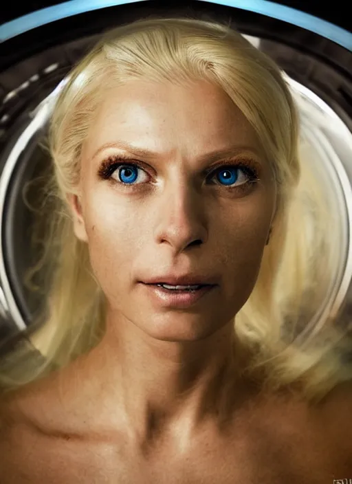 Image similar to closeup portrait of a blonde alien plejaren woman inside a spaceship wearing a space uniform, depth of field, zeiss lens, detailed, symmetrical, centered, fashion photoshoot, by annie leibovitz and steve mccurry, david lazar, jimmy nelsson, breathtaking, 8 k resolution, extremely detailed, beautiful, establishing shot, artistic, hyperrealistic, beautiful face, octane render