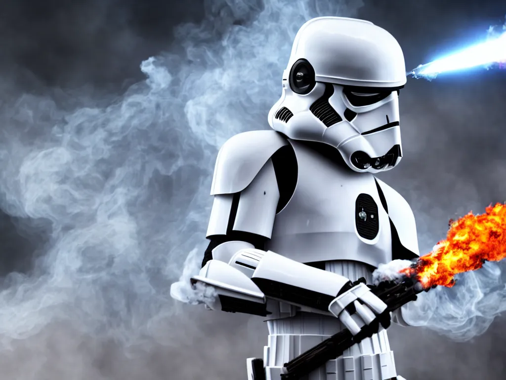 Image similar to storm trooper in a battle, smoke, fire, explosions, chrome, shiny, reflective, metallic, 3 d render, realistic, hdr, stan winston studios, dramatic lighting, flame colors bright,