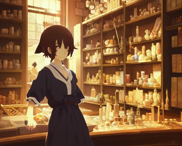 Image similar to anime visual, portrait of a young female traveler in a alchemist's shop interior, cute face by yoh yoshinari, katsura masakazu, studio lighting, dynamic pose, dynamic perspective, strong silhouette, anime cels, ilya kuvshinov, cel shaded, crisp and sharp, rounded eyes, moody