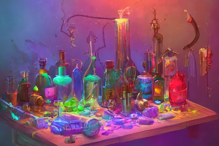 Image similar to a small rack filled with five colorful glowing concoctions, magical potions, fantasy artwork, featured on artstation