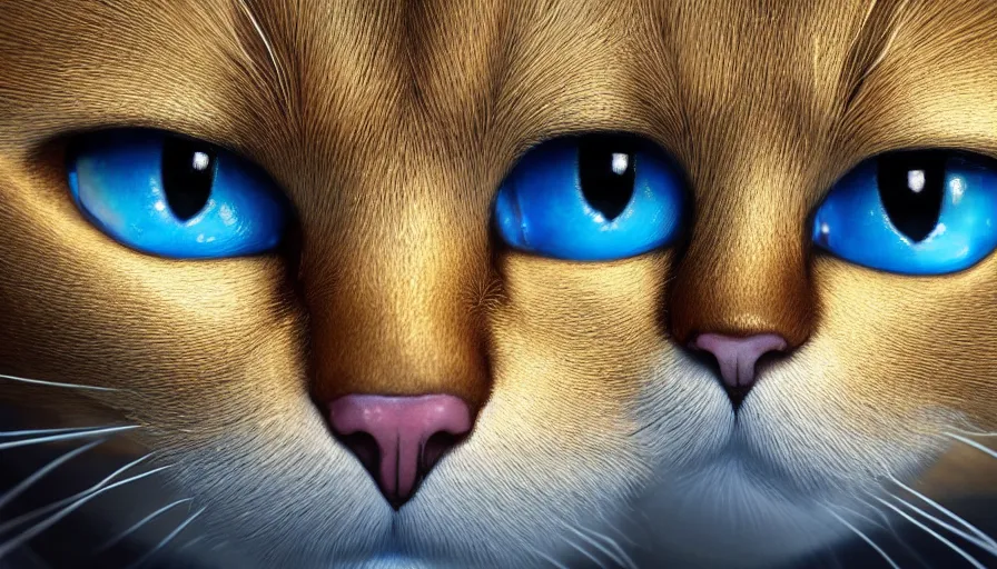 Image similar to Face of a gold cat with blue eyes, hyperdetailed, artstation, cgsociety, 8k