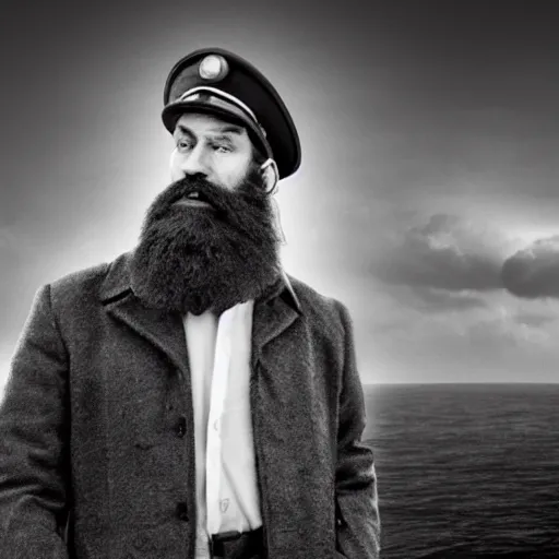 Image similar to Live Action Still of Jerma985 in a film as a Lighthouse Keeper with an overcoat, hat, and beard, black and white, hyperrealistic, ultra realistic, realistic, highly detailed, epic, HD quality, 8k resolution, body and headshot, film still