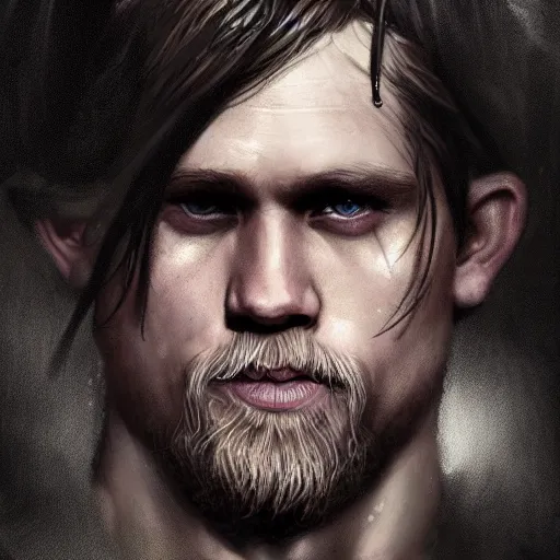 Image similar to charlie hunnam, darkwave, darksynth character portrait, sharp, digital matte painting, art by luis royo, greg rutkowski, wlop, dramatic lighting, trending on artstation